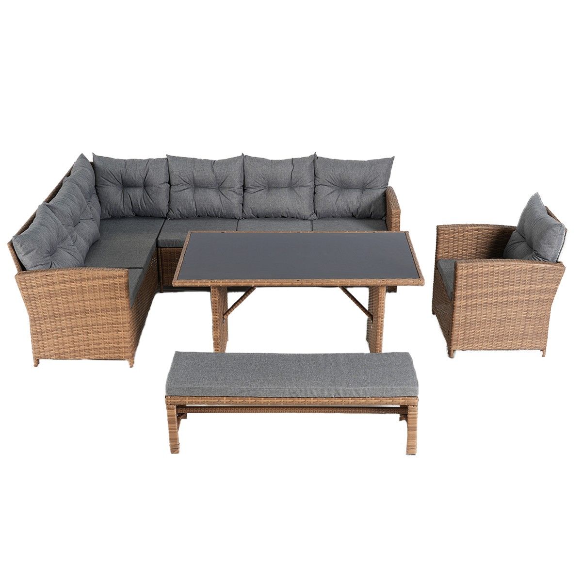 Set mobilier, terasa sau gradina, canapea, fotoliu, banca + masa cu blat de sticla, perne incluse, poliratan, Bali