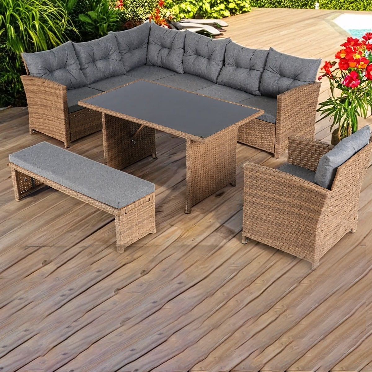 Set mobilier, terasa sau gradina, canapea, fotoliu, banca + masa cu blat de sticla, perne incluse, poliratan, Bali