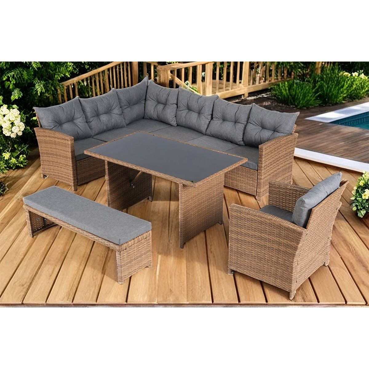 Set mobilier, terasa sau gradina, canapea, fotoliu, banca + masa cu blat de sticla, perne incluse, poliratan, Bali