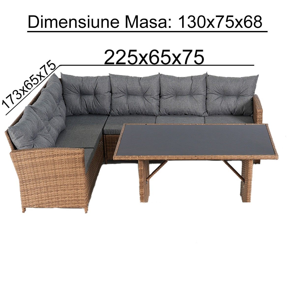 Set mobilier, terasa sau gradina, canapea, fotoliu, banca + masa cu blat de sticla, perne incluse, poliratan, Bali