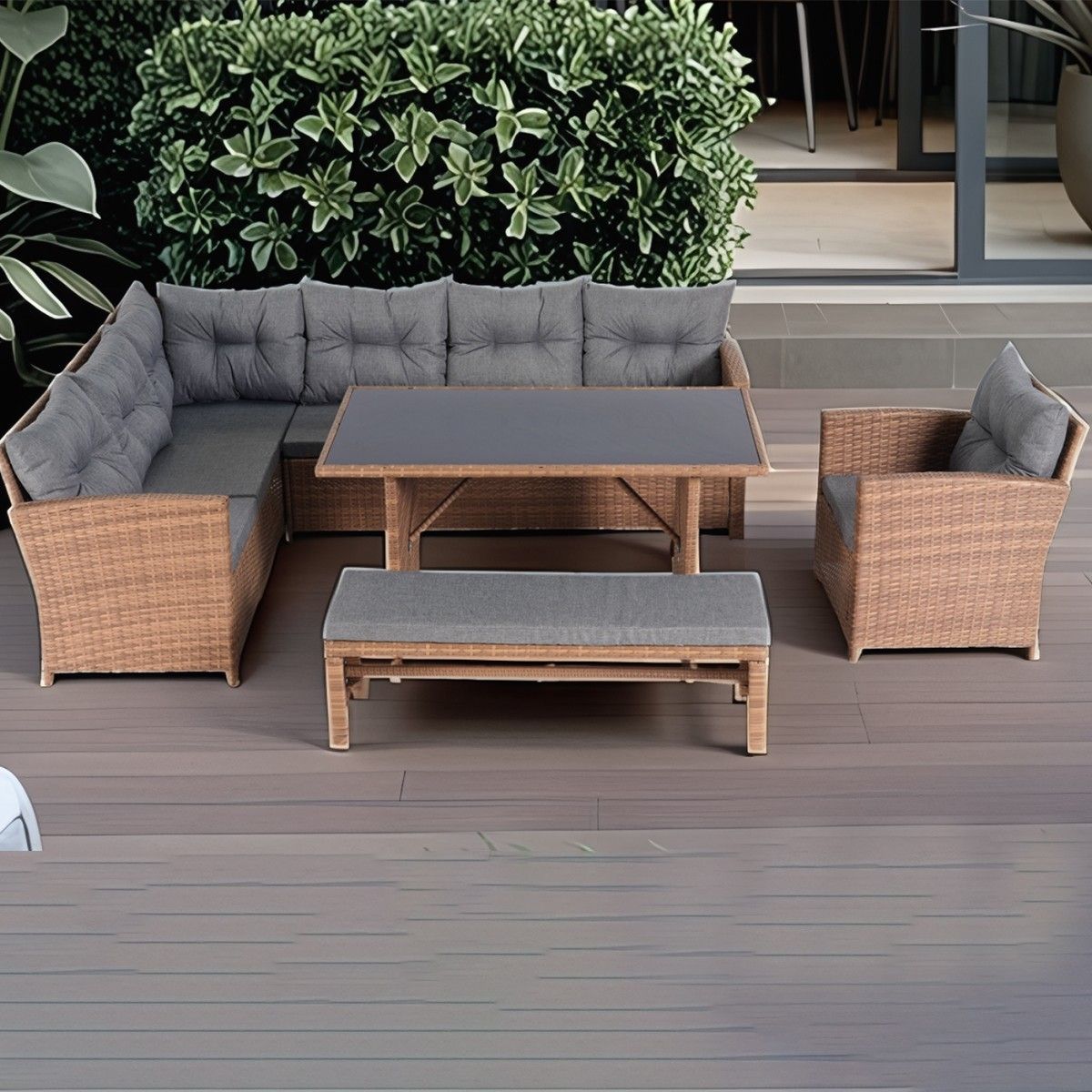 Set mobilier, terasa sau gradina, canapea, fotoliu, banca + masa cu blat de sticla, perne incluse, poliratan, Bali