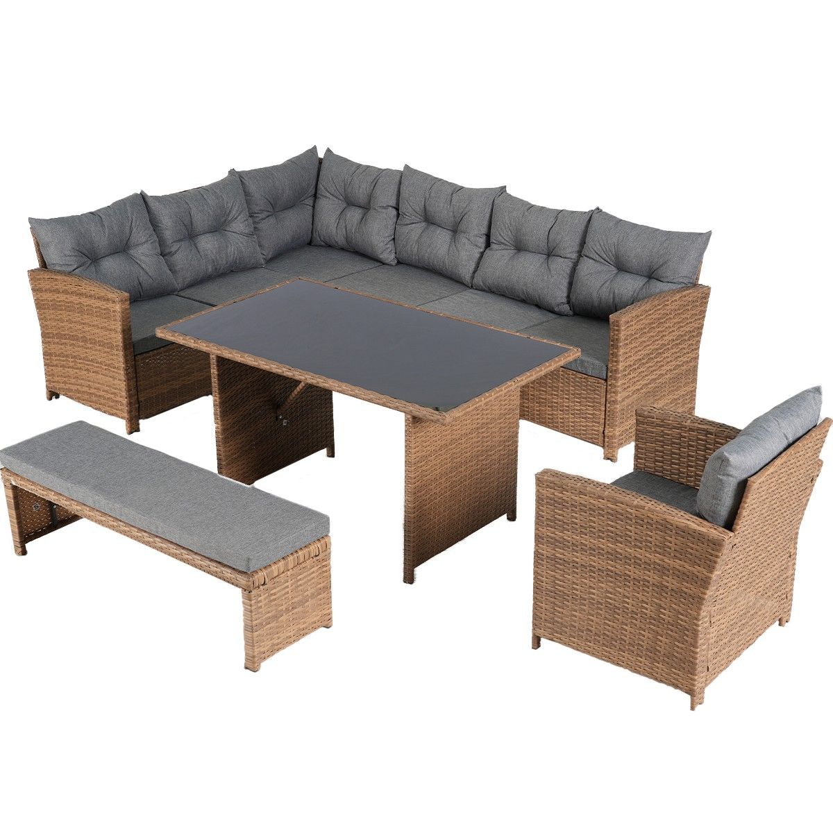 Set mobilier, terasa sau gradina, canapea, fotoliu, banca + masa cu blat de sticla, perne incluse, poliratan, Bali