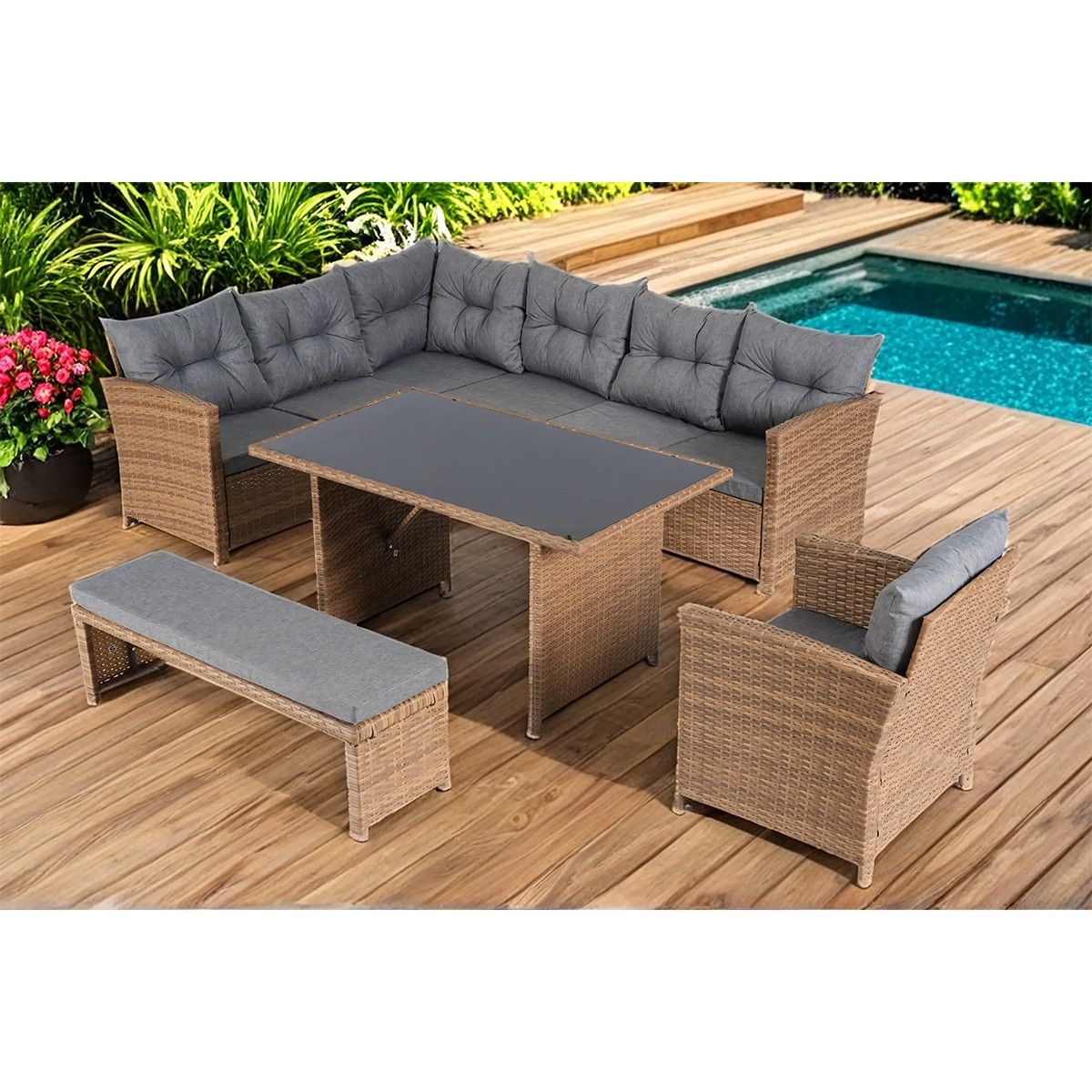 Set mobilier, terasa sau gradina, canapea, fotoliu, banca + masa cu blat de sticla, perne incluse, poliratan, Bali