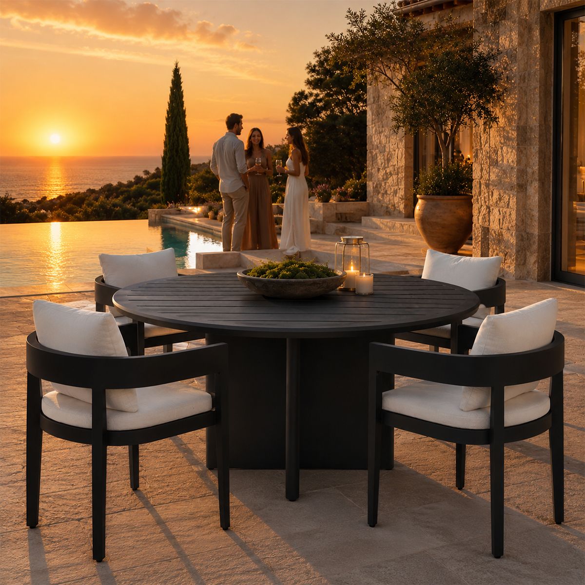 Set mobilier de 4 persoane, terasa sau gradina, aluminiu, masa rotunda si 4 scaune, tesatura din 100% Olefin, Costa Rica