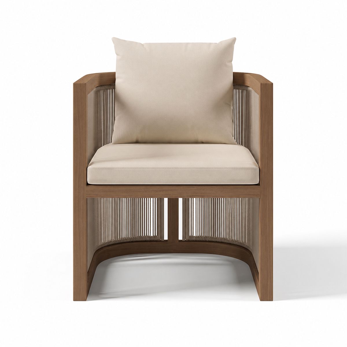 Set mobilier, masa 150 cm + 6 scaune, lemn de Tec, terasa sau gradina, impletitura tip funie, perne incluse, Gardenia