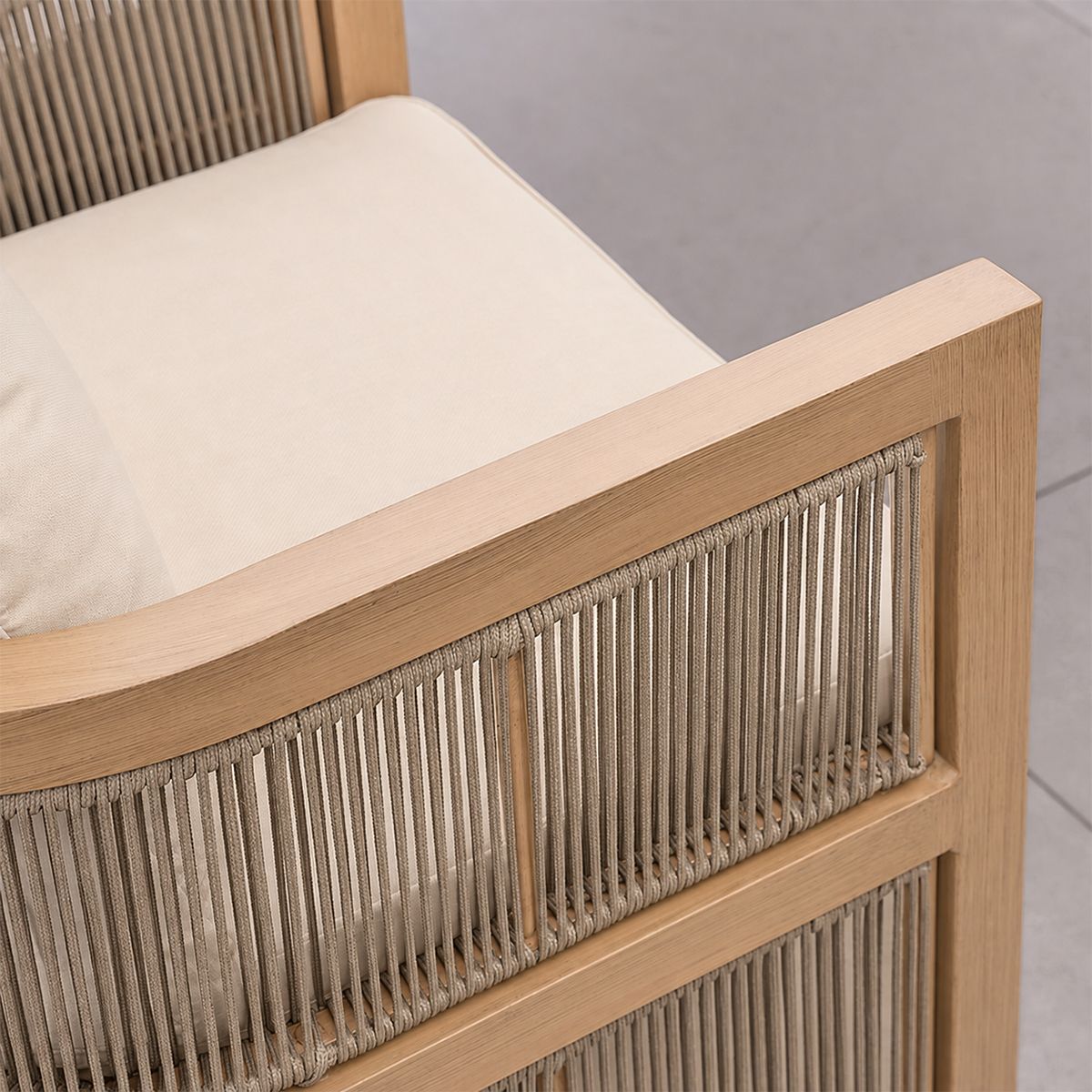 Set mobilier, masa 150 cm + 6 scaune, lemn de Tec, terasa sau gradina, impletitura tip funie, perne incluse, Gardenia