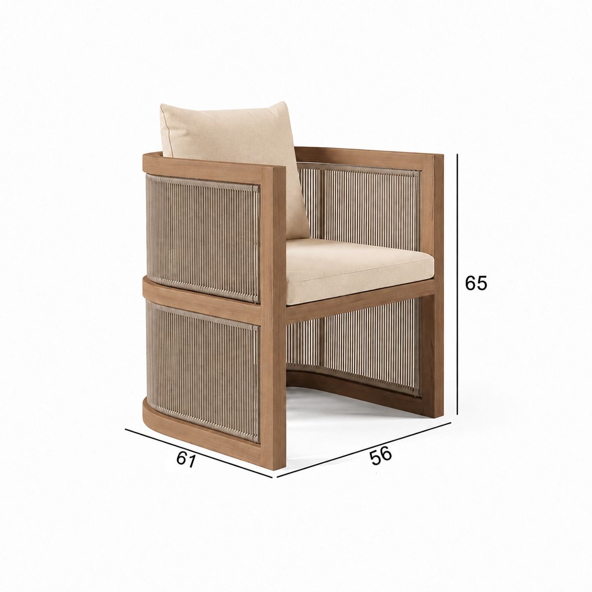 Set mobilier, masa 150 cm + 6 scaune, lemn de Tec, terasa sau gradina, impletitura tip funie, perne incluse, Gardenia