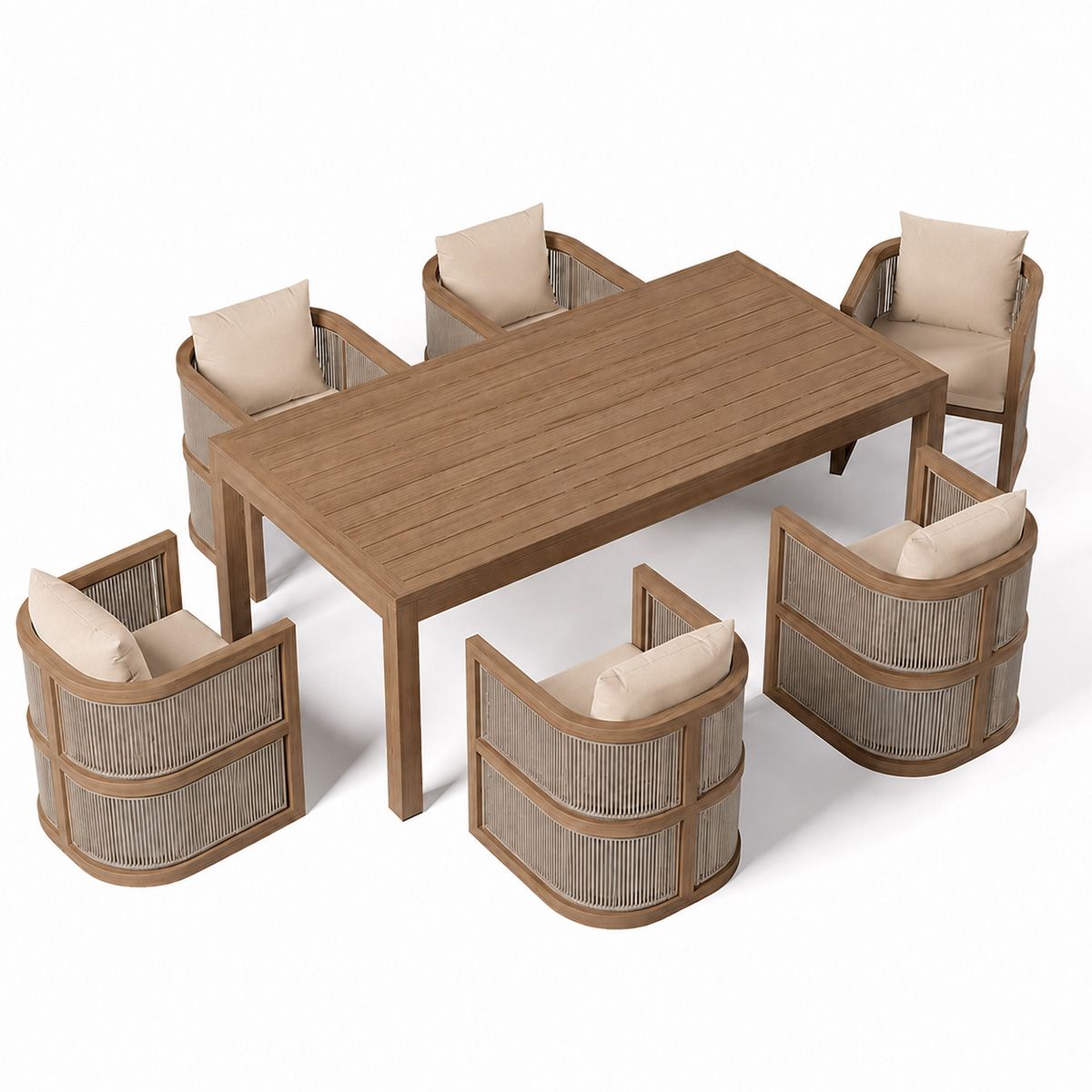 Set mobilier, masa 150 cm + 6 scaune, lemn de Tec, terasa sau gradina, impletitura tip funie, perne incluse, Gardenia
