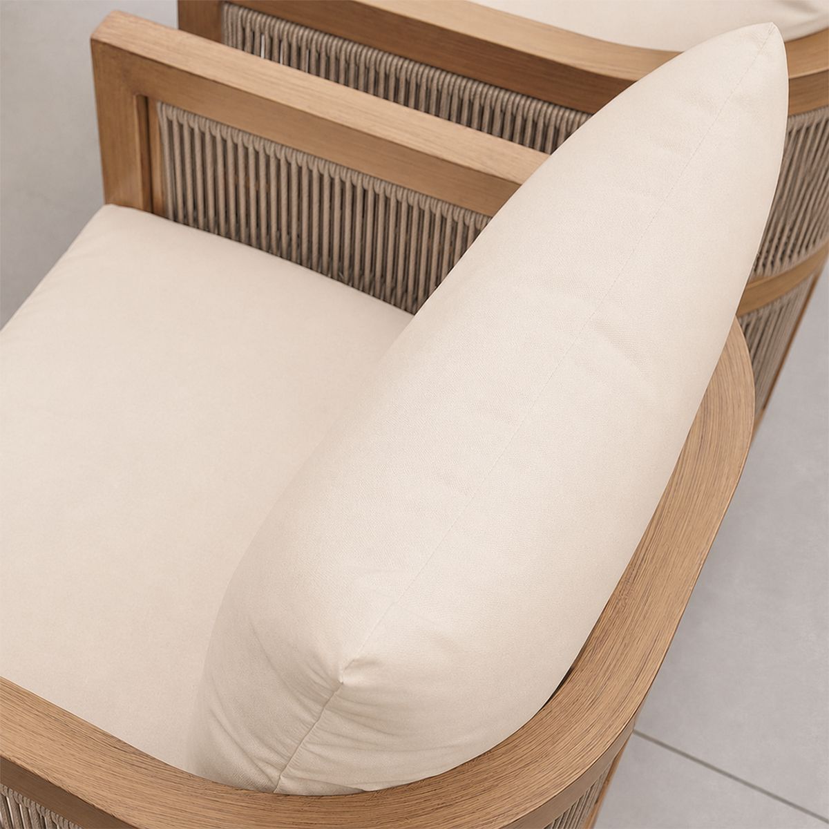Set mobilier, masa 150 cm + 6 scaune, lemn de Tec, terasa sau gradina, impletitura tip funie, perne incluse, Gardenia