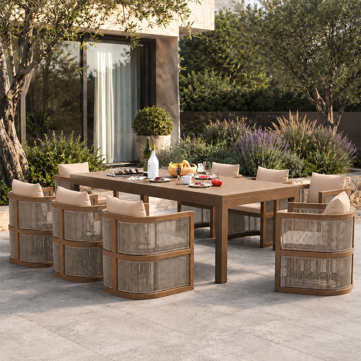 Set mobilier, masa 150 cm + 6 scaune, lemn de Tec, terasa sau gradina, impletitura tip funie, perne incluse, Gardenia
