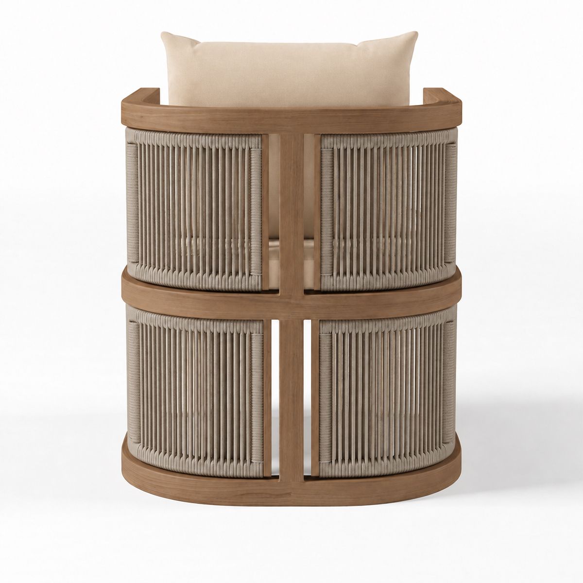 Set mobilier, masa 150 cm + 6 scaune, lemn de Tec, terasa sau gradina, impletitura tip funie, perne incluse, Gardenia