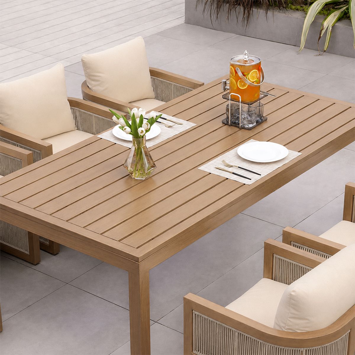 Set mobilier, masa 150 cm + 6 scaune, lemn de Tec, terasa sau gradina, impletitura tip funie, perne incluse, Gardenia