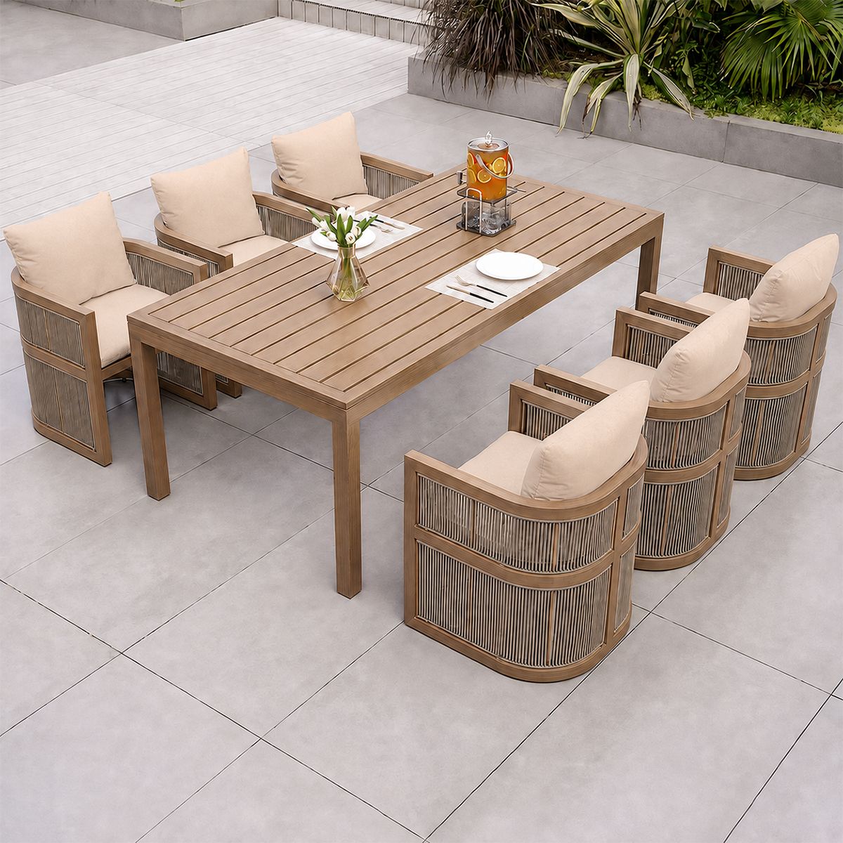 Set mobilier, masa 150 cm + 6 scaune, lemn de Tec, terasa sau gradina, impletitura tip funie, perne incluse, Gardenia