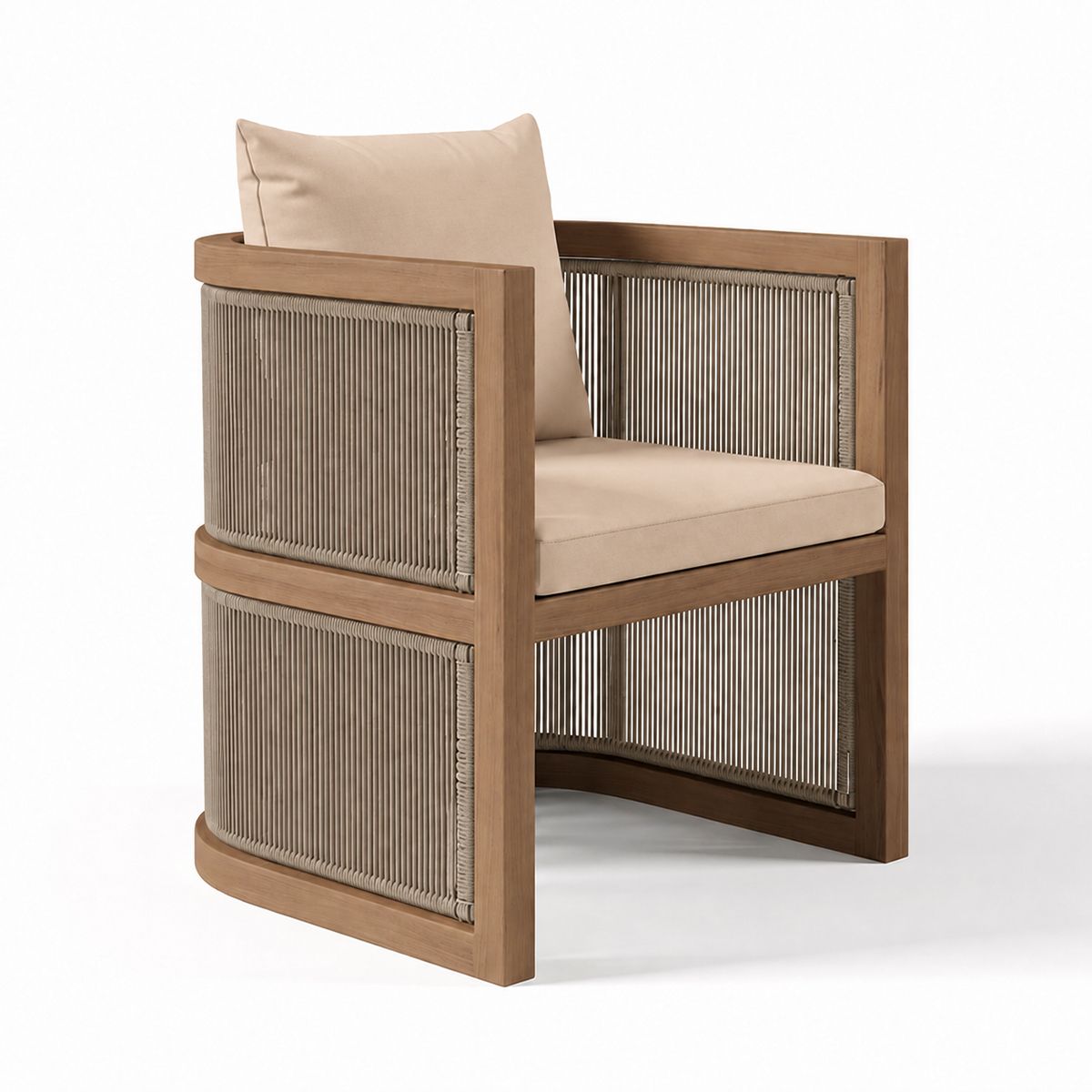 Set mobilier, masa 150 cm + 6 scaune, lemn de Tec, terasa sau gradina, impletitura tip funie, perne incluse, Gardenia