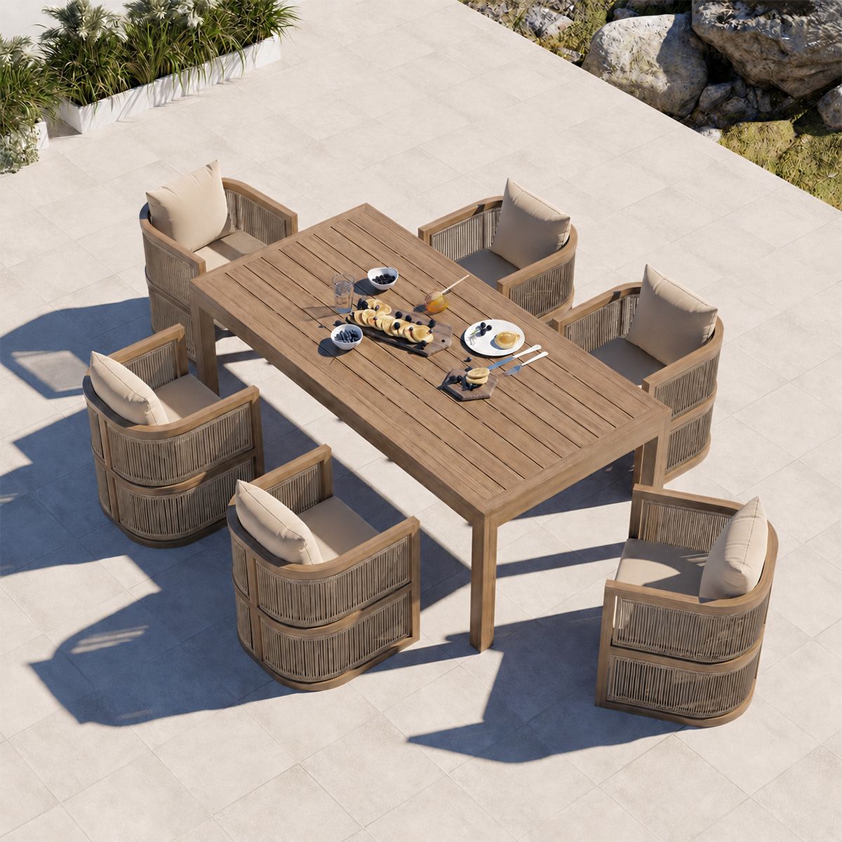 Set mobilier, masa 150 cm + 6 scaune, lemn de Tec, terasa sau gradina, impletitura tip funie, perne incluse, Gardenia