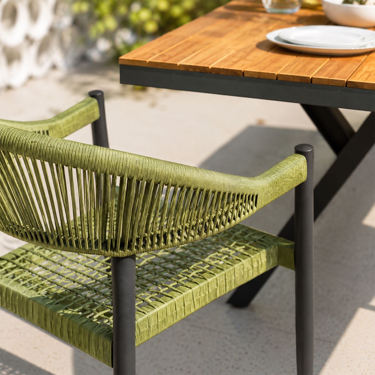 Set mobilier, masa 200 cm + 6 scaune cu impletitura tip funie verde, gradina sau terasa, aluminiu dark grey, Zen