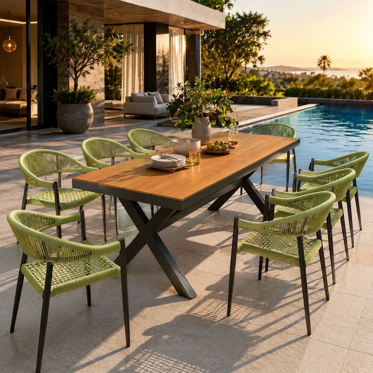 Set mobilier, masa 200 cm + 8 scaune cu impletitura tip funie verde, gradina sau terasa, aluminiu dark grey, Zen