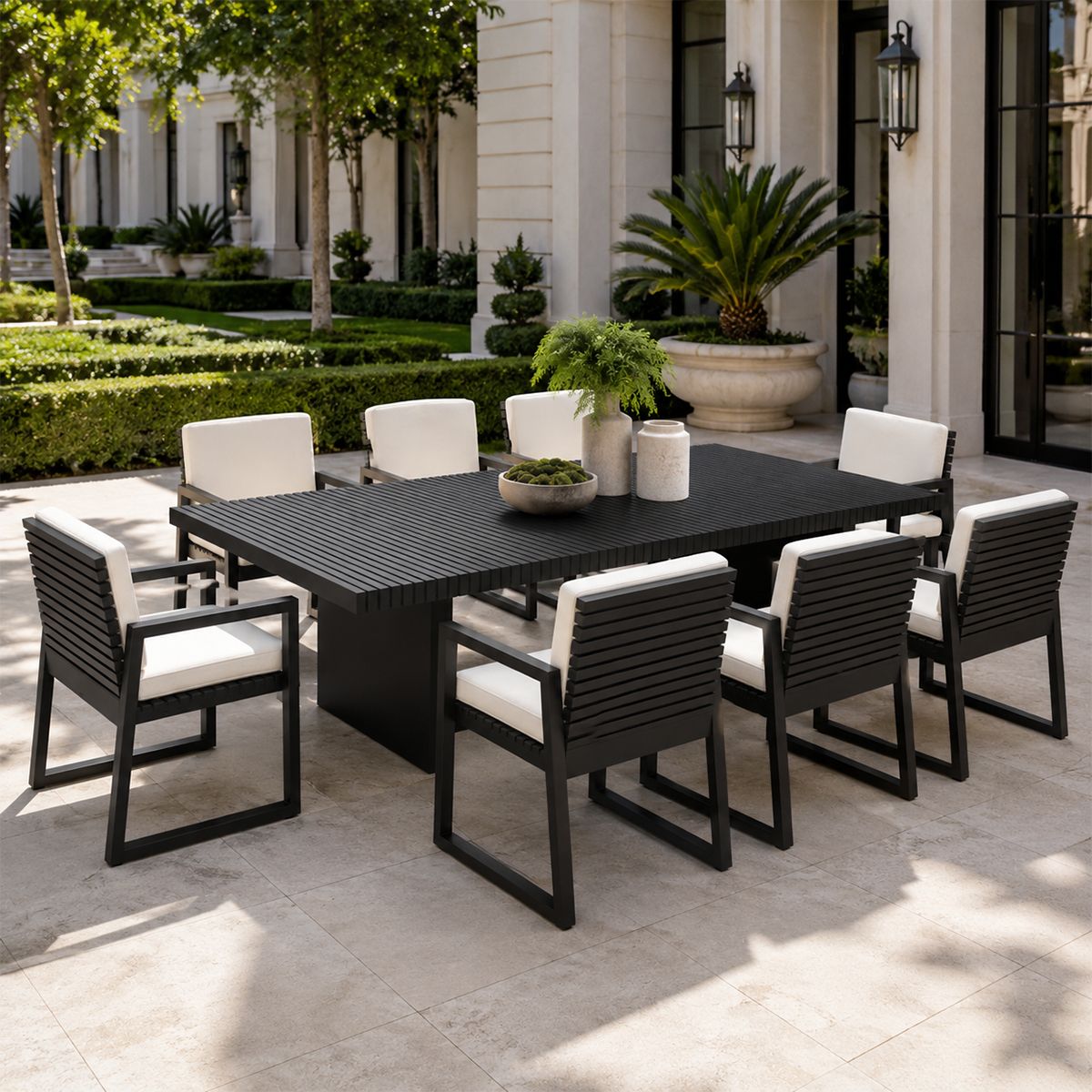 Set mobilier, masa 213x100 cm + 8 scaune, terasa sau gradina, aluminiu, tesatura 100% Olefin, Mykonos