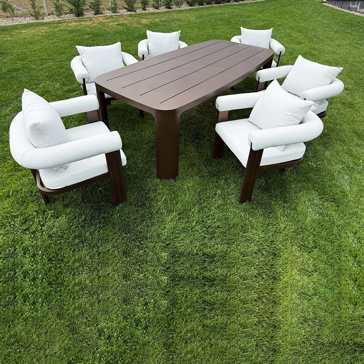 Set mobilier de 6 persoane, gradina sau terasa, aluminiu, masa 214x102 cm + 6 scaune, tesatura 100% Olefin, Bora Bora