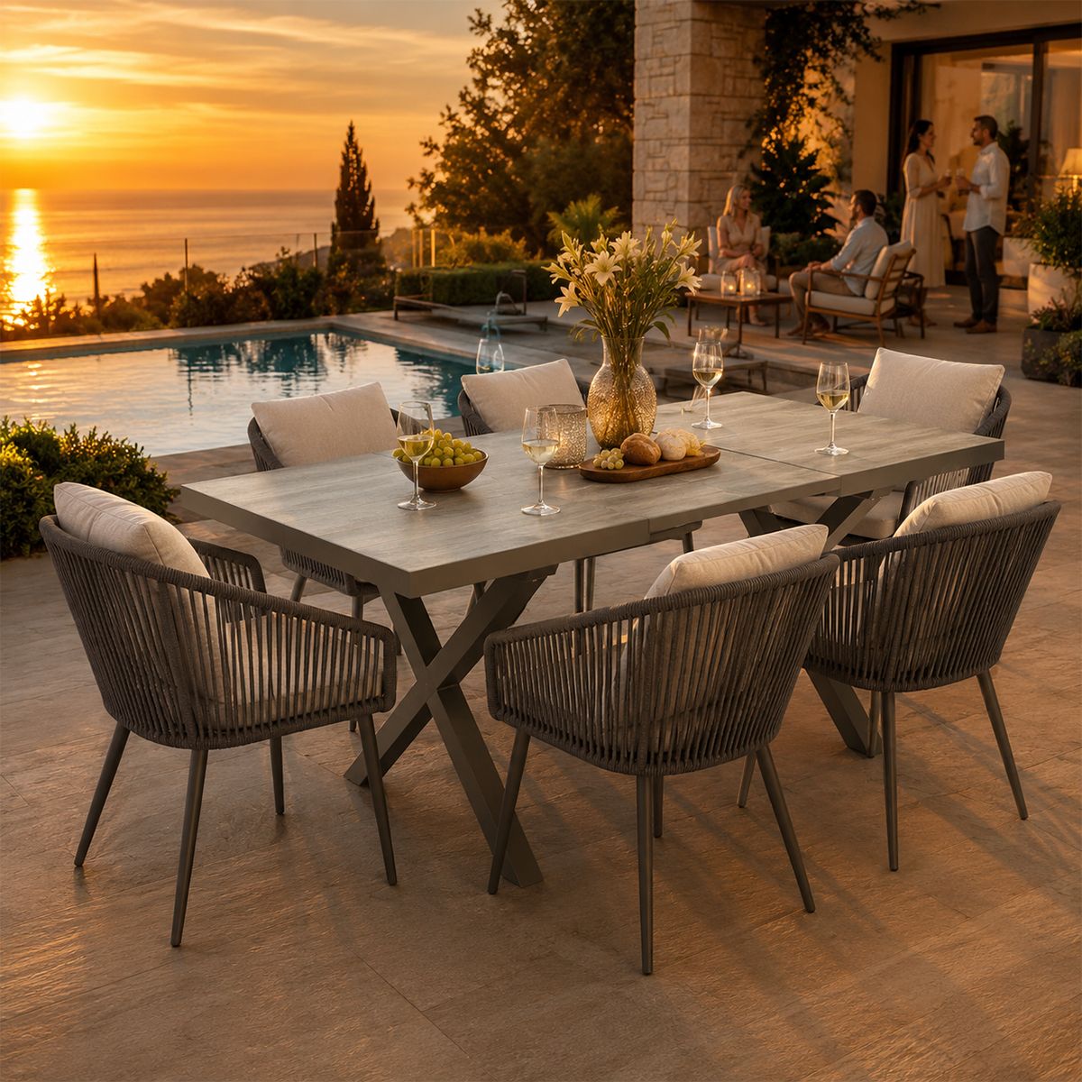Set mobilier, masa extensibila cu blat de piatra, 6 persoane, gradina sau terasa, aluminiu, impletitura tip funie, Maldives
