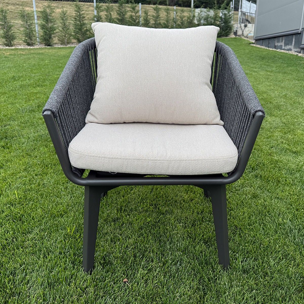 Set mobilier de 6 persoane, gradina sau terasa, aluminiu, masa extensibila cu blat de piatra, impletitura tip funie, Maldives