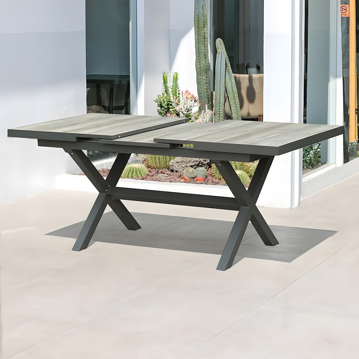 Set mobilier de 8 persoane, gradina sau terasa, aluminiu, masa extensibila cu blat de piatra, impletitura tip funie, Maldives
