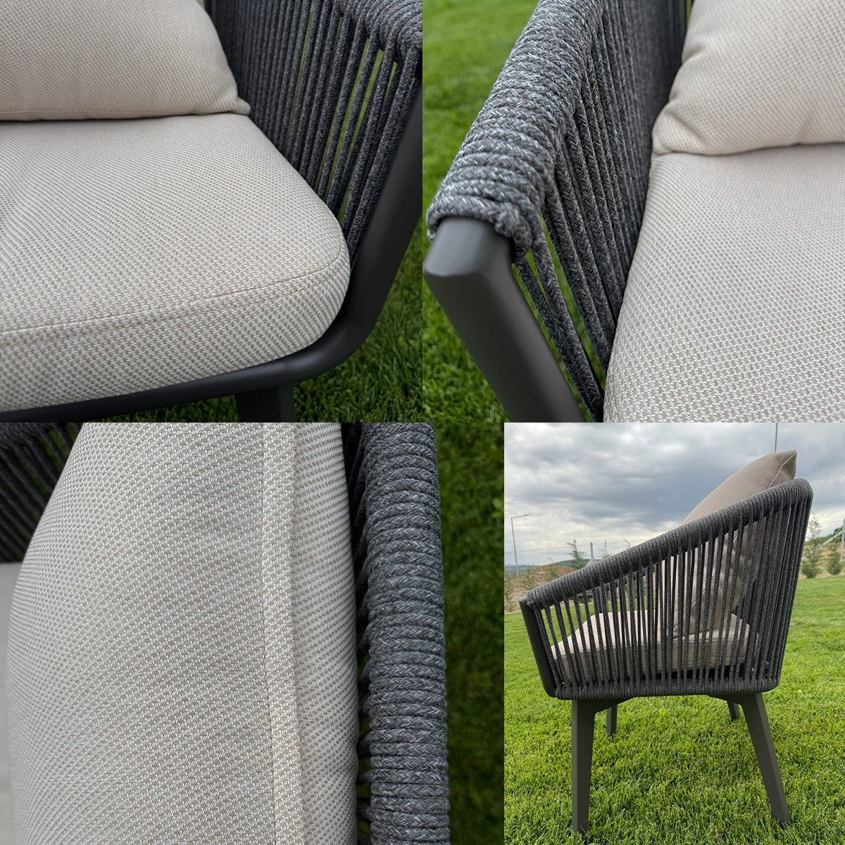 Set mobilier de 8 persoane, gradina sau terasa, aluminiu, masa extensibila cu blat de piatra, impletitura tip funie, Maldives