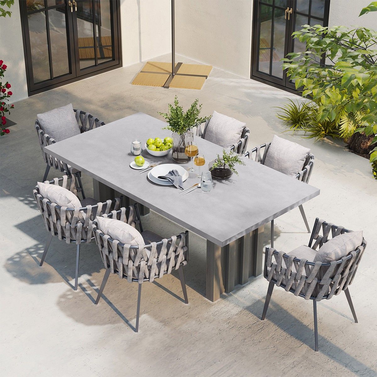 Set mobilier terasa sau gradina, 6 scaune, masa extensibila, aluminiu si impletitura tip funie, Riga