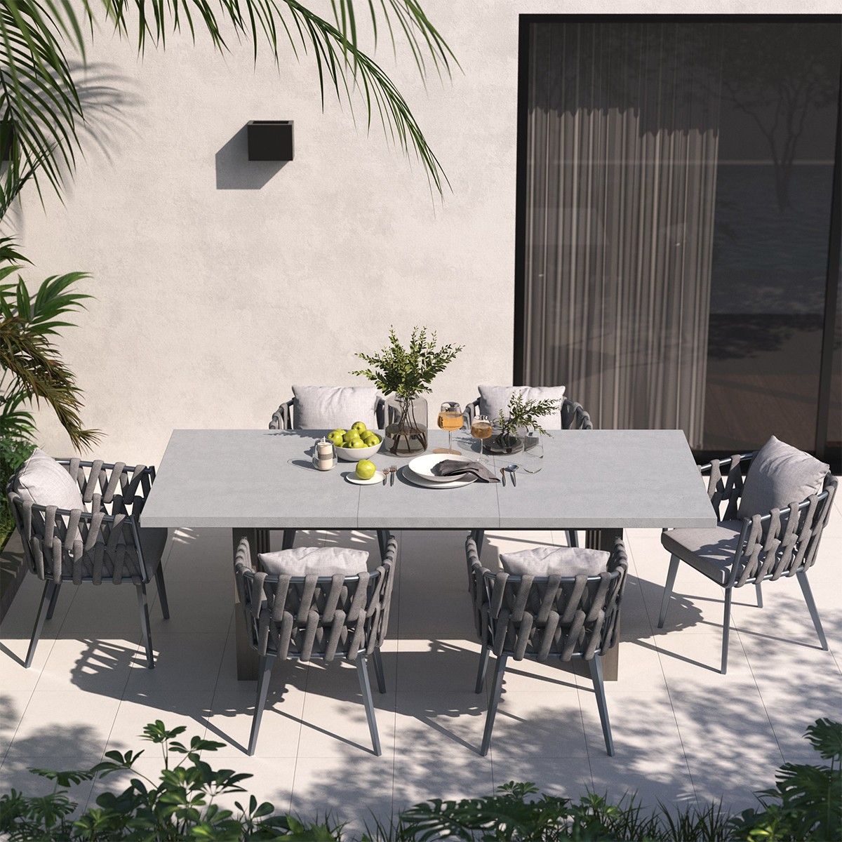 Set mobilier terasa sau gradina, 6 scaune, masa extensibila, aluminiu si impletitura tip funie, Riga