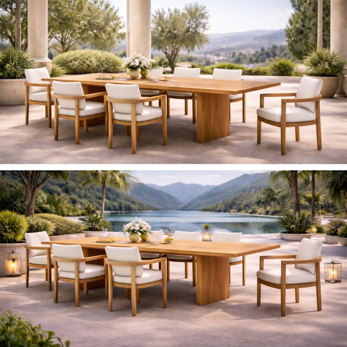 Set mobilier, masa mare si 8 scaune, terasa sau gradina, lemn de Tec integral, perne incluse, Primavera