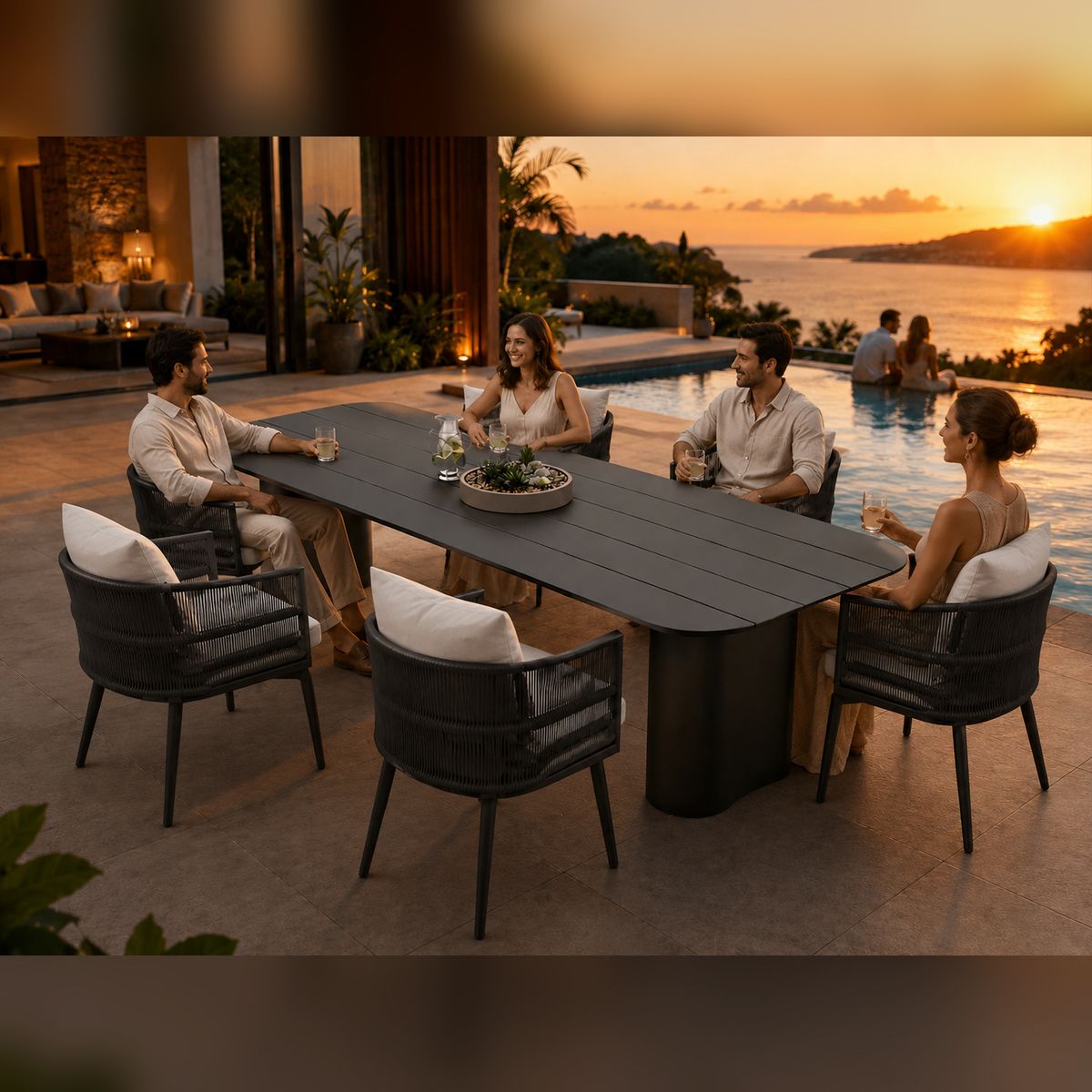 Set mobilier, masa robusta 214x100 cm + 6 scaune cu impletitura tip funie, terasa sau gradina, aluminiu, Nova Luxe