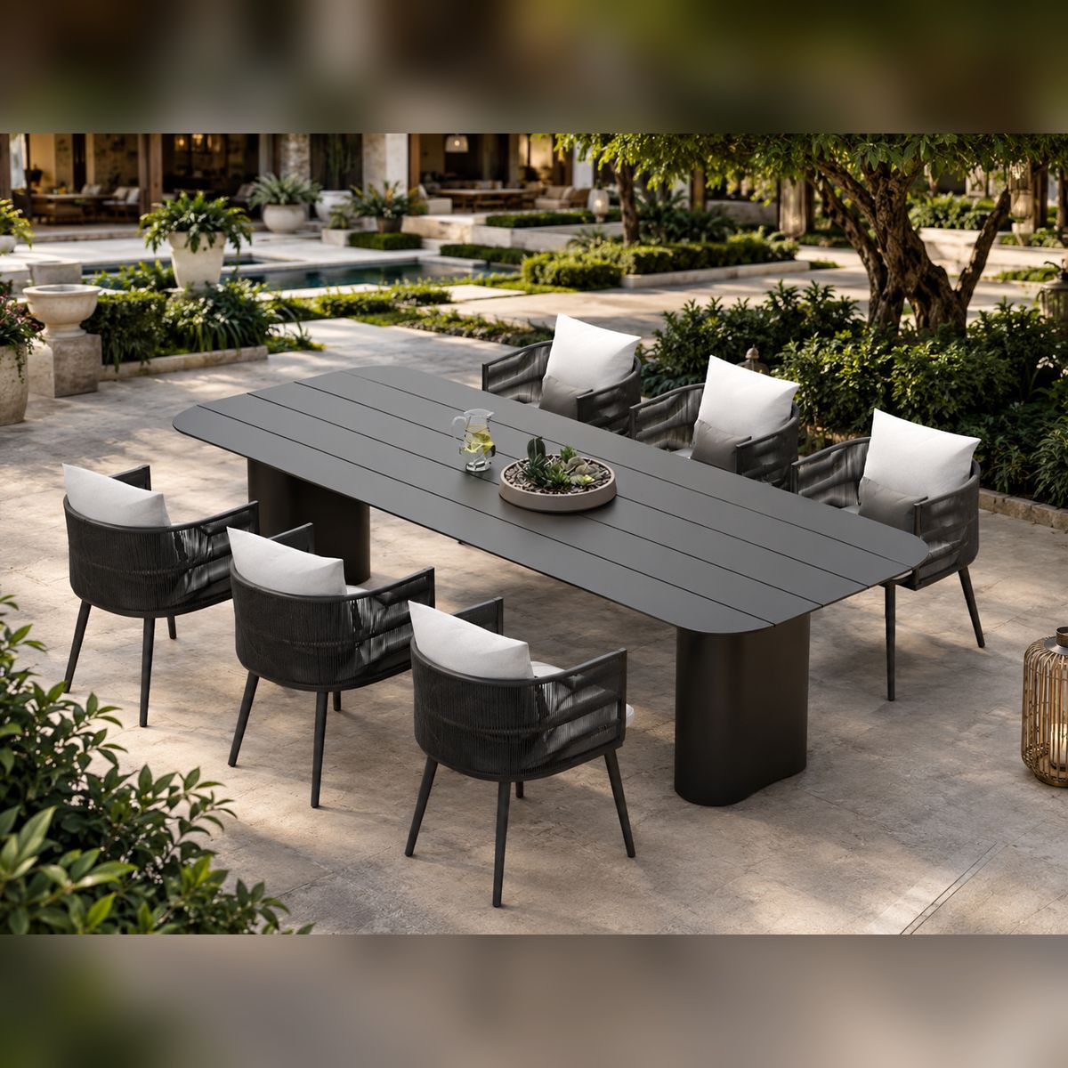 Set mobilier, masa robusta 214x100 cm + 6 scaune cu impletitura tip funie, terasa sau gradina, aluminiu, Nova Luxe