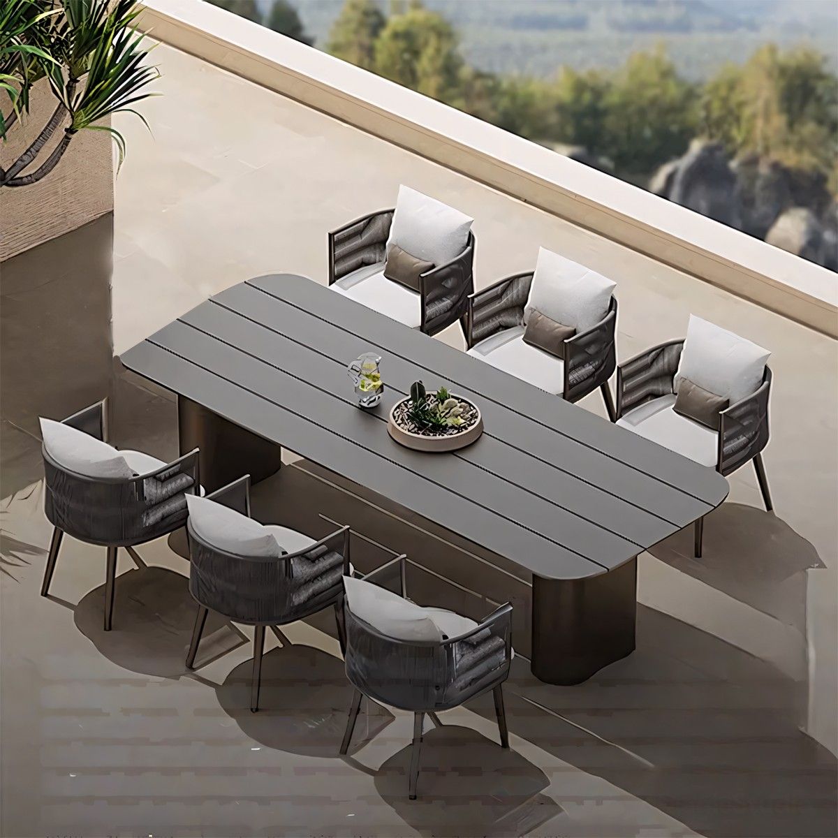 Set mobilier de 8 persoane, terasa sau gradina, aluminiu, masa robusta 214x100 cm + 8 scaune cu impletitura tip funie, Nova Luxe