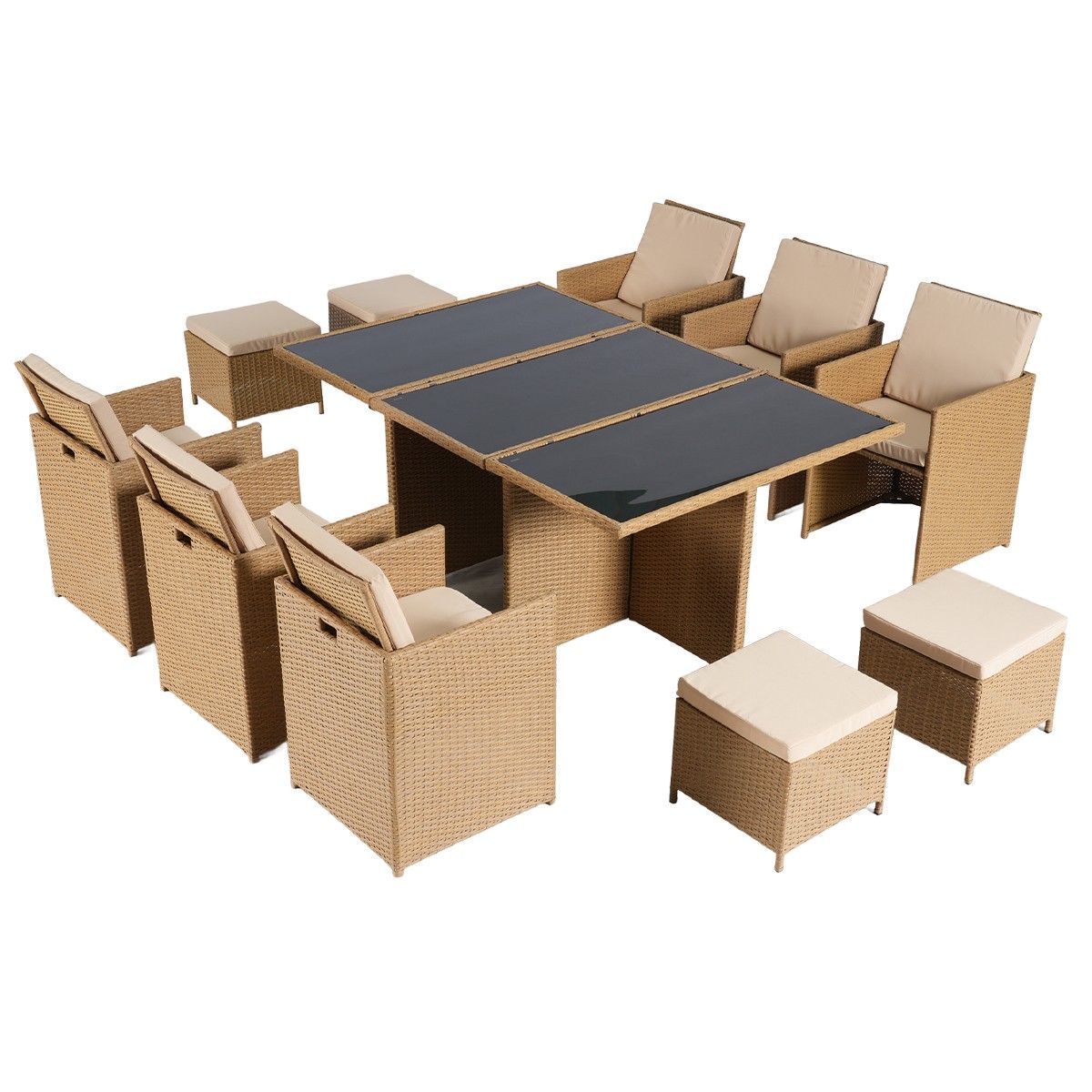 Set mobilier terasa gradina, Cub pliabil, masa cu blat de sticla, 6 scaune cu spatar rabatabil, 4 tabureti, Mauritius