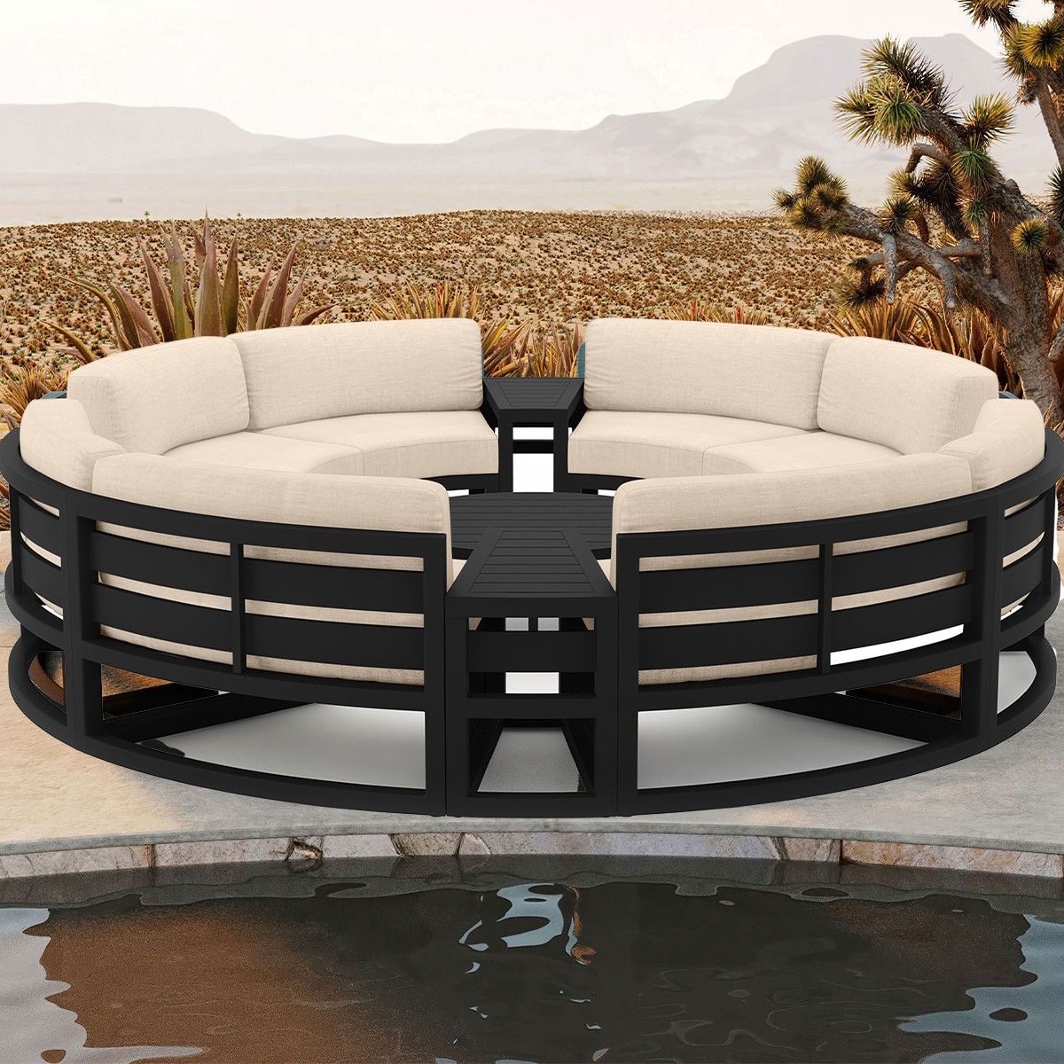 Set Mobilier Rotund terasa sau gradina, Cadru Aluminiu, 7 Piese, Dark Grey, Perne Incluse Crem, Coral