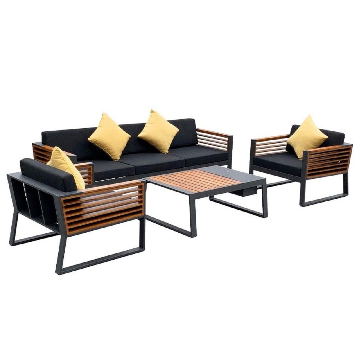 Set mobilier terasa gradina, canapea, 2 fotolii, masuta cafea, ice bucket, aluminiu si lemn, perne incluse, Kia