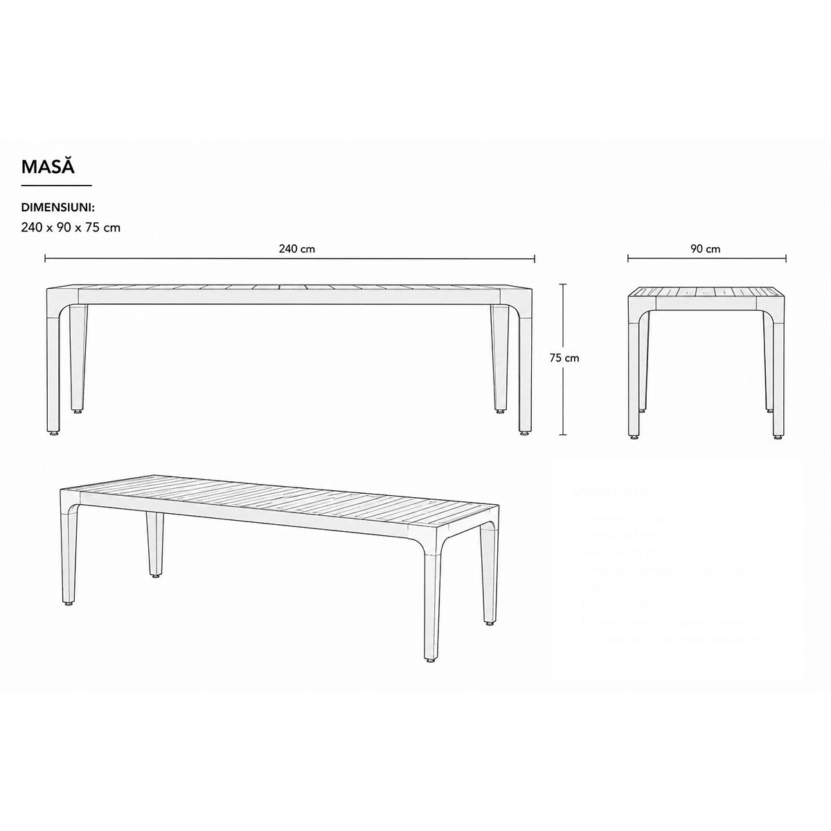 Set mobilier, terasa gradina, masa mare, aluminiu, 8 scaune, cadru aluminiu si poliratan, gri inchis, Dalia