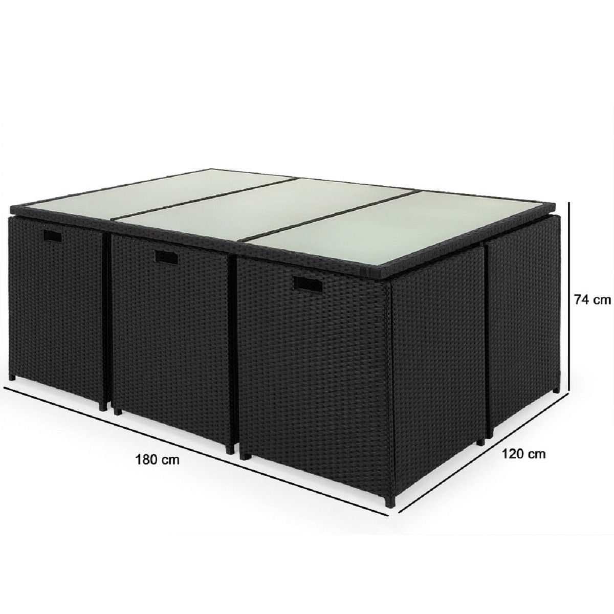Set mobilier terasa gradina, masa mare, Cub pliabil, 6 scaune cu spatar rabatabil, 4 tabureti, 180x120x74 cm, Negru, Michigan