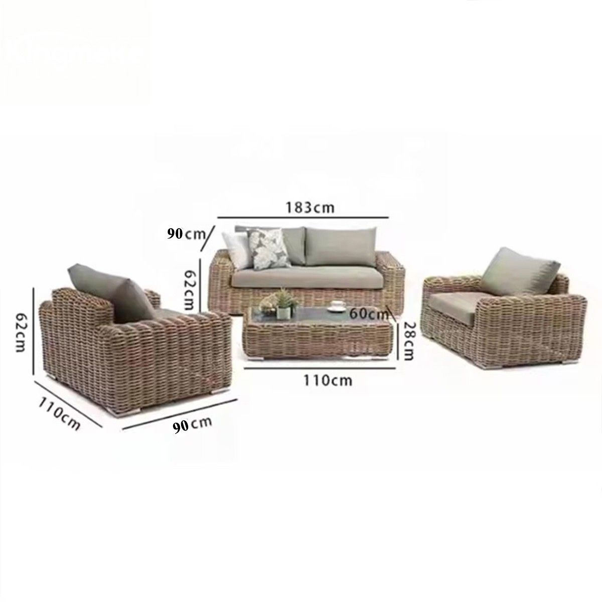 Set mobilier, terasa sau gradina, canapea, 2 fotolii , masuta de cafea, cadru aluminiu, poliratan, Augusta