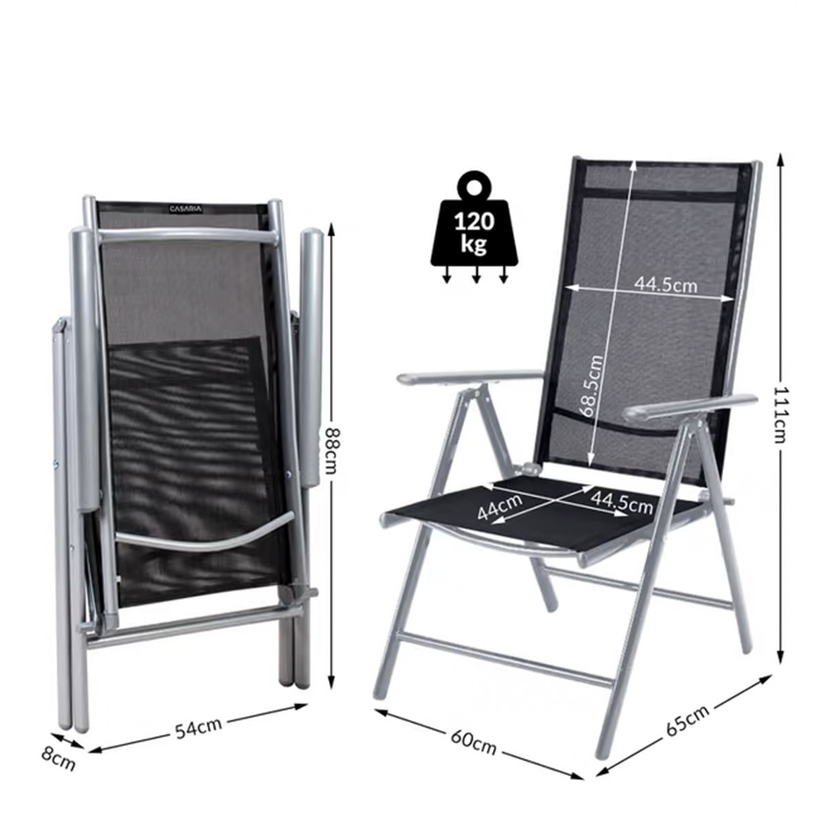 Set mobilier, terasa sau gradina, masa mare cu blat de sticla mata, 6 scaune Rabatabile aluminiu, 150 x 90 x 75  cm, Clinton