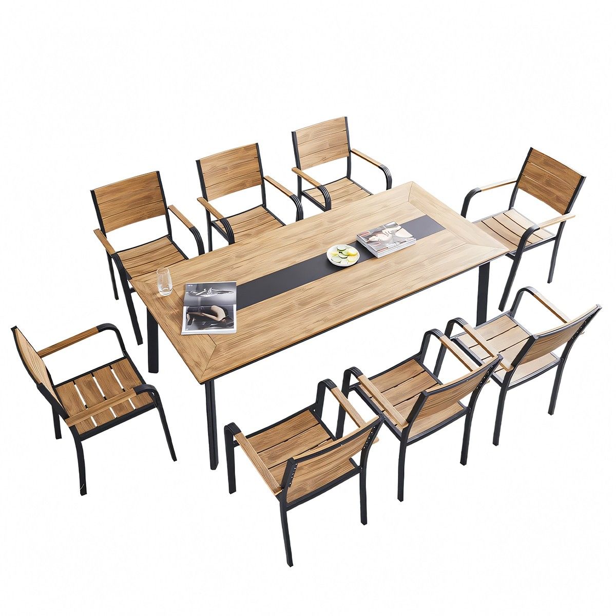 Set mobilier terasa sau gradina, Masa si 8 scaune stivuibile din aluminiu si Wpc, Blake