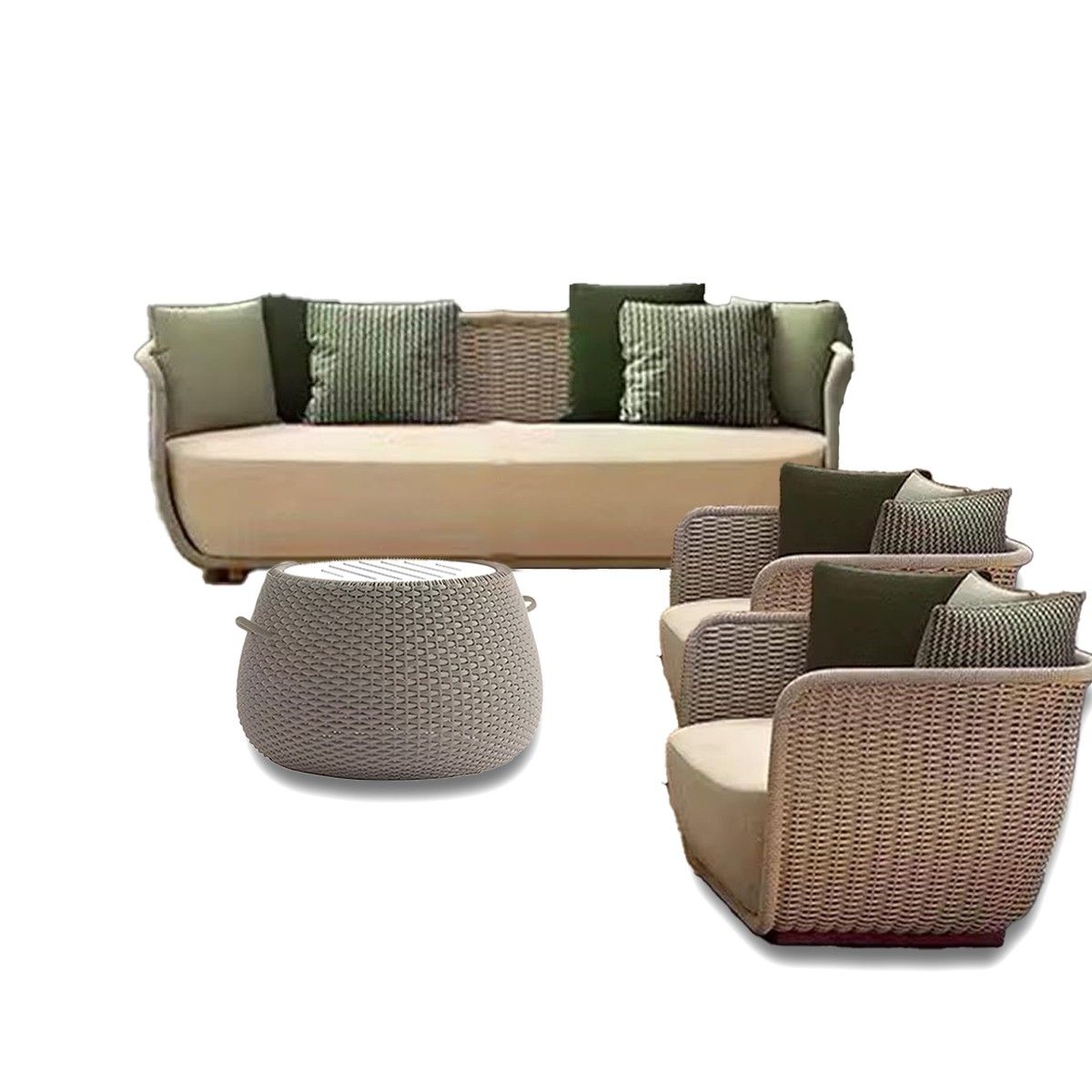 Set mobilier terasa gradina, fotolii, canapea 2 locuri, masa, aluminiu, impletitura funie, sezut crem, perne verzi masliniu,NIKO