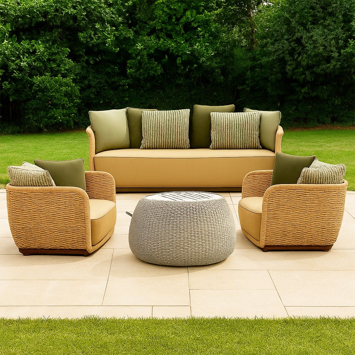 Set mobilier terasa gradina, fotolii, canapea 2 locuri, masa, aluminiu, impletitura funie, sezut crem, perne verzi masliniu,NIKO