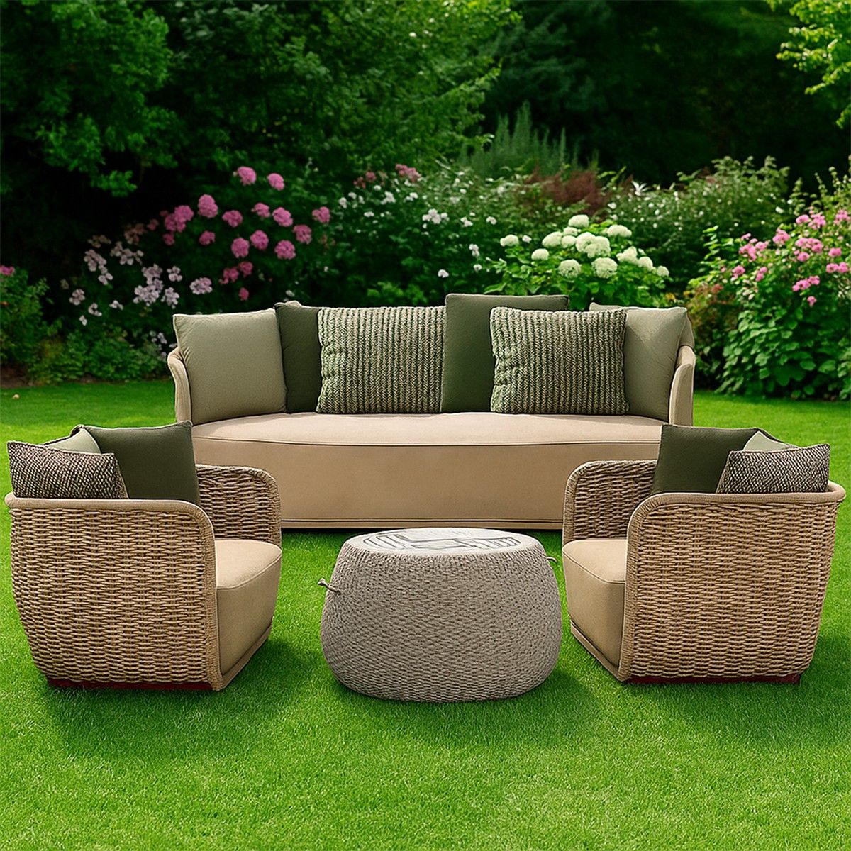 Set mobilier,fotolii, canapea 2 locuri, masa terasa gradina, aluminiu, impletitura funie, sezut crem, perne verzi masliniu,NIKO