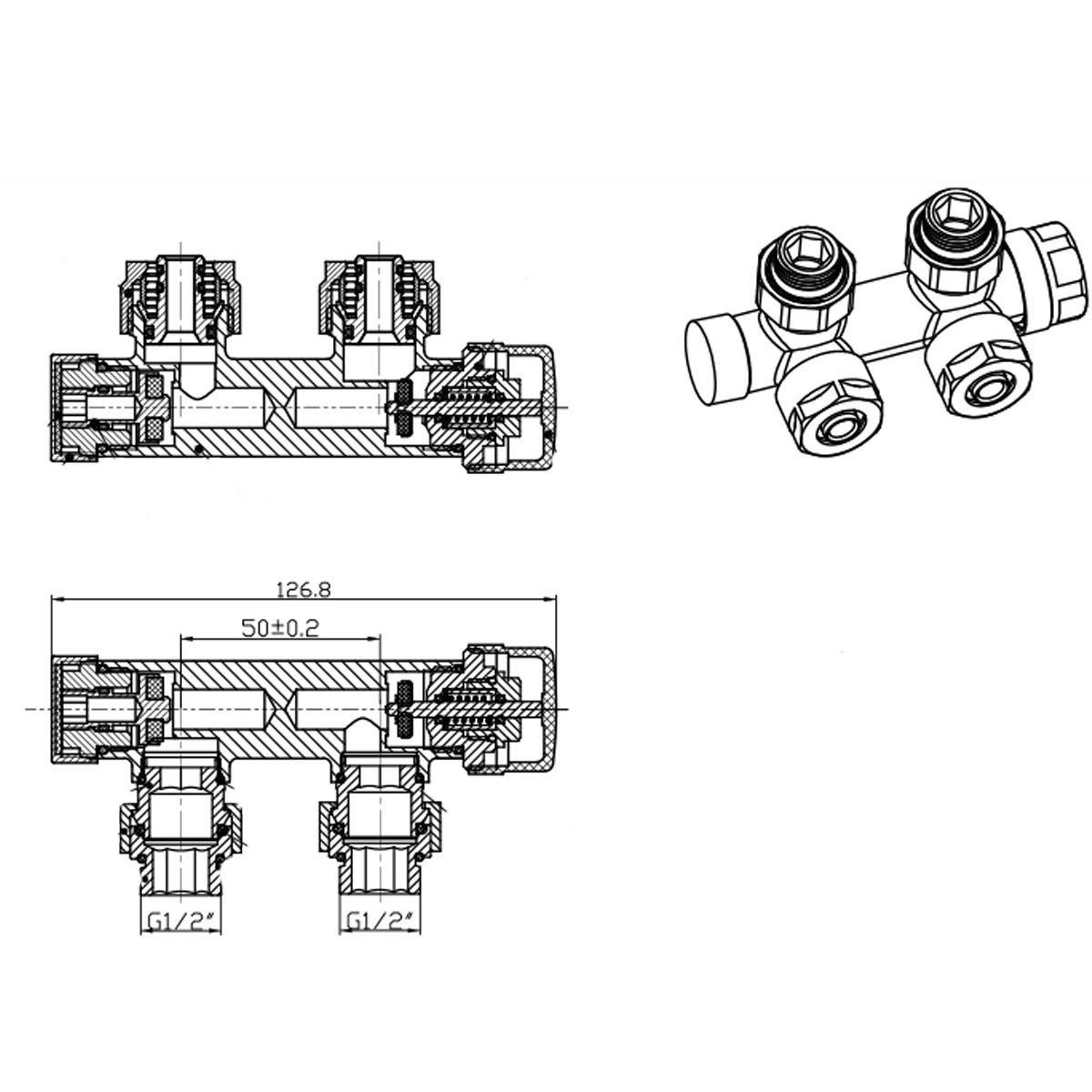 Set robinet, cap termostatic cu ventil, alama, 5 trepte reglabile, tur-retur, Auriu Lucios