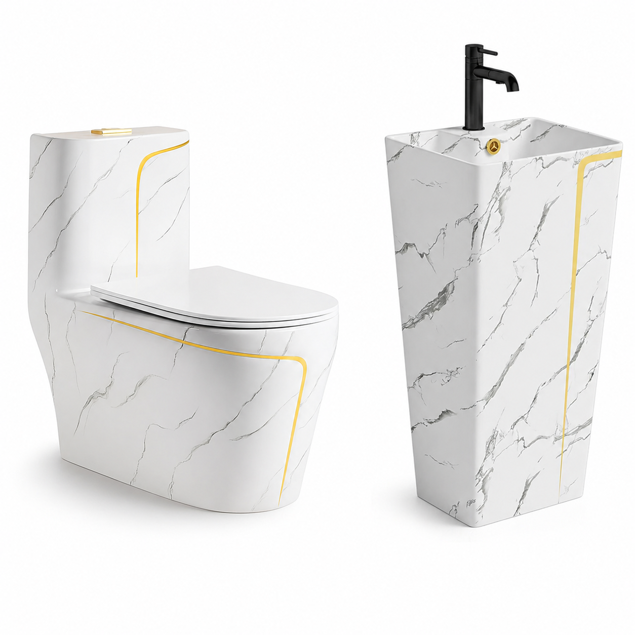 Set vas WC, lavoar stativ Lazio Marble Rimless, Alb, montaj pe podea, rezervor inclus, gaura de baterie, capac soft-close