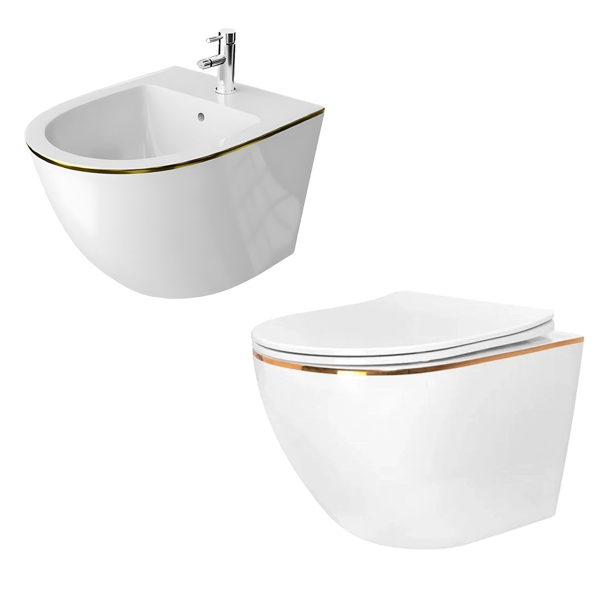 Set vas wc si bideu Ben, Gold Line, 49x37 cm montaj suspendat, capac duroplast, ceramica sanitara