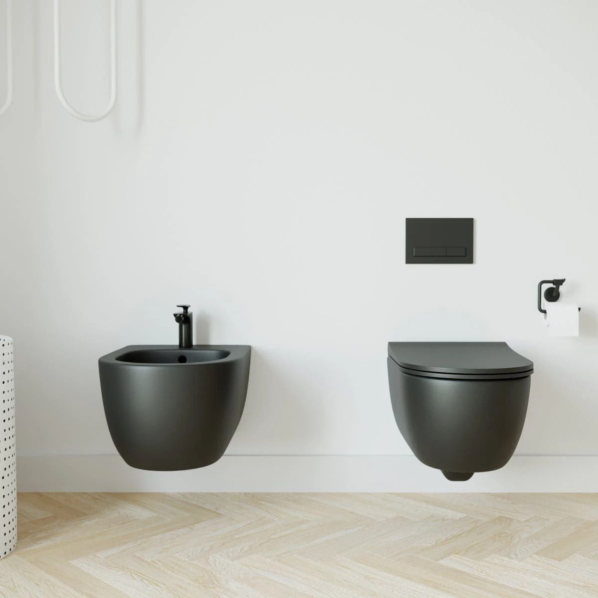 Set vas wc si bideu, Negru, semi-mat, Power Color, montaj suspendat, 49x36 cm, colectia Molis