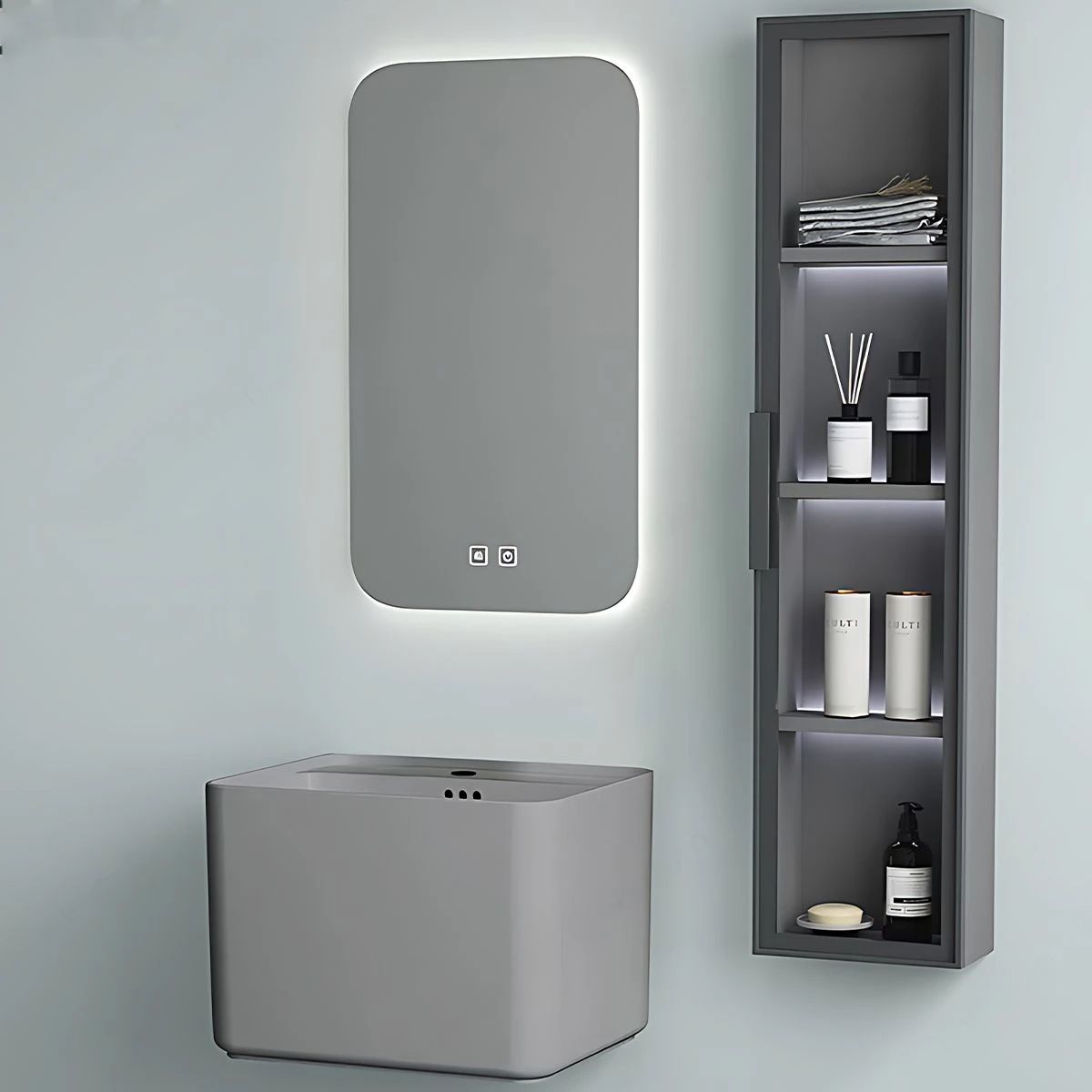 Set vas wc si lavoar, Gri Mat, Power Color, 51x35-50x40 cm, montaj suspendat si pe blat, capac duroplast, Alfonso