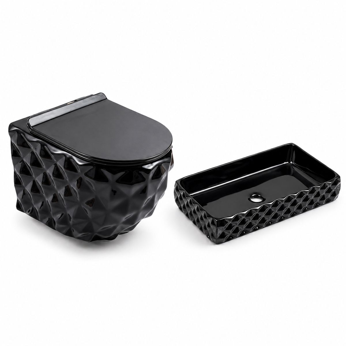 Set vas wc si lavoar, Negru Lucios, montaj suspendat si pe blat, 49x36-61x34 cm, capac duroplast, Sidef